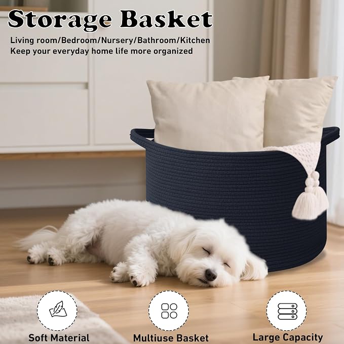 115L Large Blanket Basket, 23.6" L x 23.6" W x 15.7" H Rope Woven Baskets - Image 4