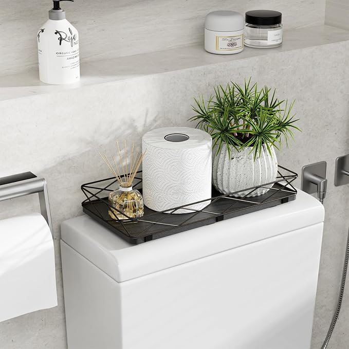 Toilet Paper Basket Holder, Wood and Metal Toilet Tray Vanity Organizer - Image 3