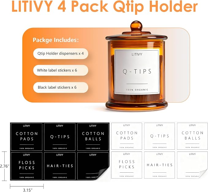 4 Pack Bathroom Organizers and Storage - 16 Oz Glass Qtip Holder & Cotton Pad - Image 5