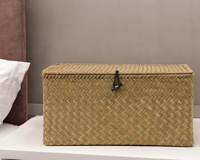 Wicker Basket with Lid, Natural Seagrass Storage Baskets - Image 7