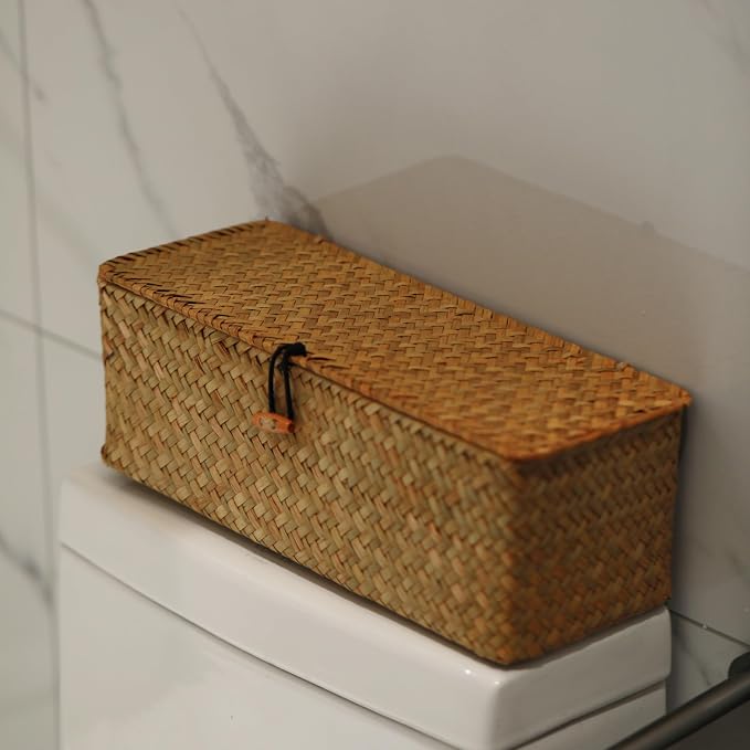 Seagrass Tank Basket with Lid Woven Toilet Roll Storage Basket with Sections - Image 8
