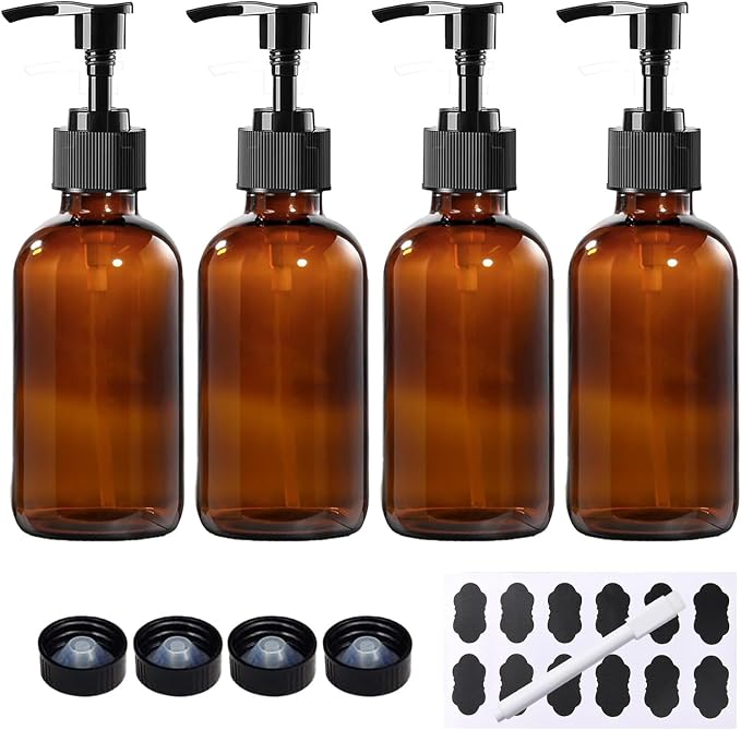 4 Pack 8 oz Amber Glass Pump Bottles, Boston Round Bottles by BPFY