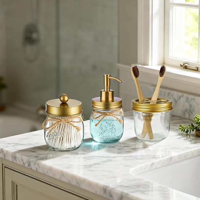Amolliar Mason Jar Bathroom Accessories Set 4 Pcs -Lotion Soap Dispenser & 2 - Image 7