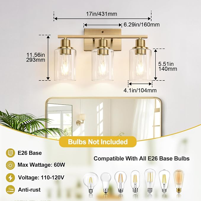 3 Light Bathroom Light Fixtures, Brass Vanity Lights - Image 8