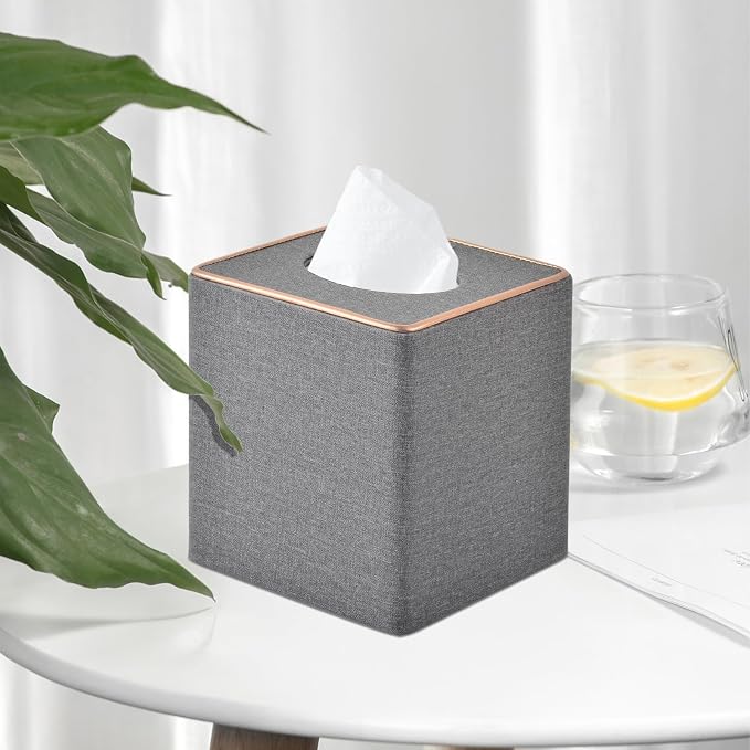 Linen Square Tissue Box Holder Cube Tissue Box Cover－Rosegold Leather Recorate - Image 3