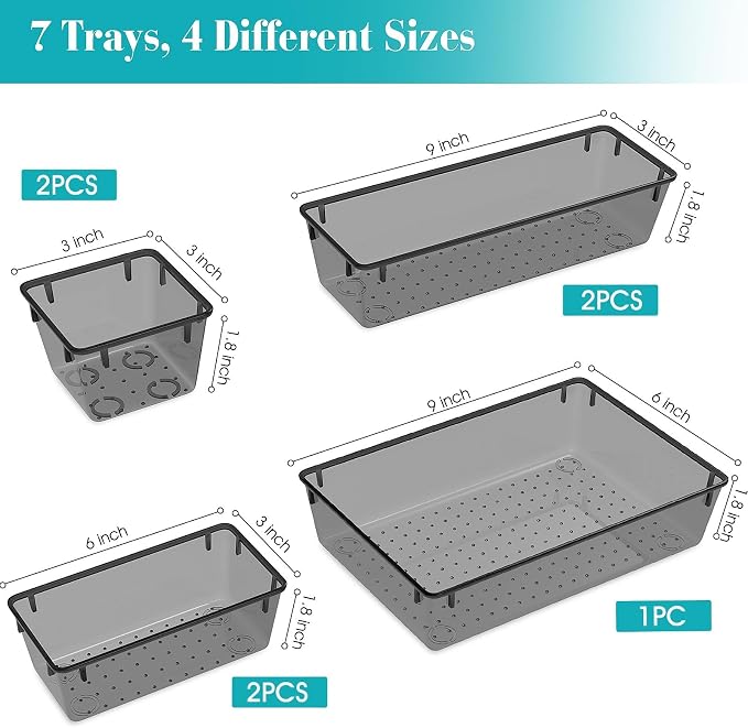 7 PCS Clear Plastic Drawer Organizers Set, 4 Size Desk Drawer Organizer Trays - Image 2