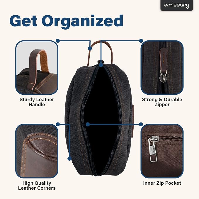 emissary Men's Toiletry Bag, Leather and Canvas Travel Toiletry Bag, Dopp Kit - Image 2