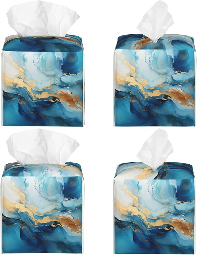 Blue Gold Marble Tissue Box Cover Square, Abstract Liquid Marble Texture Tissue - Image 2