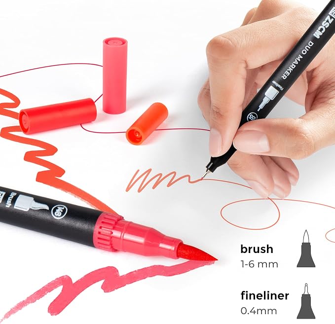 Red Duo Tip Marker Pens, 12 Pack Fine & Brush Markers - Image 2
