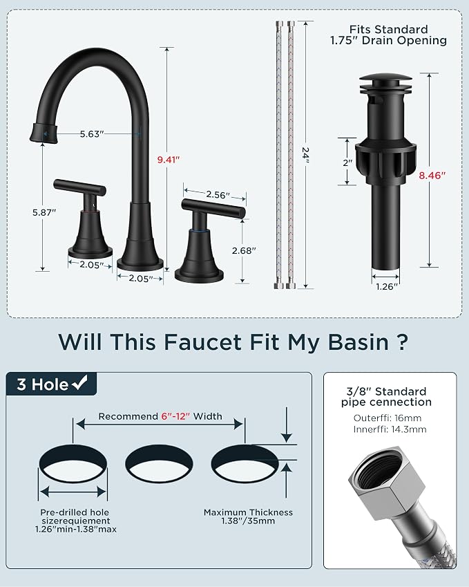 FORIOUS Black Bathroom Faucet 3 Hole Vanity, 2 Handle 360° Swivel Matte Black 8 - Image 5