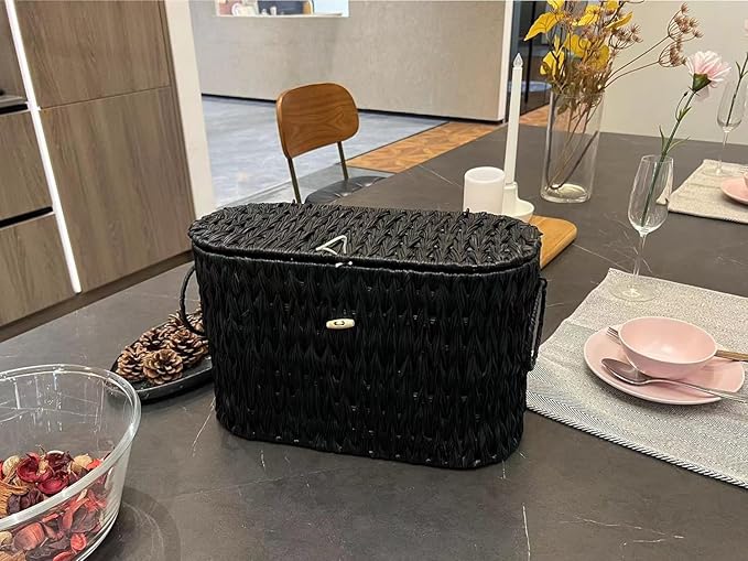 Black Toilet Paper Basket with Lid, Wicker Toilet Paper Storage Stand, Large - Image 7