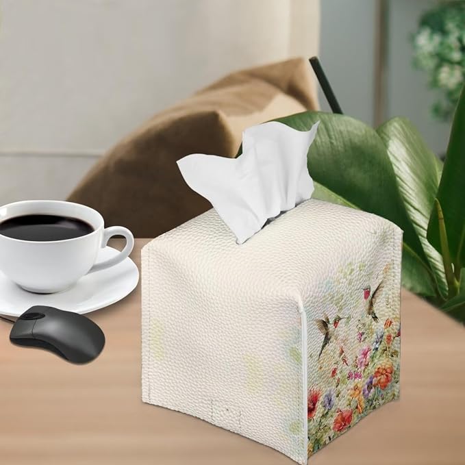 Bird Flowers Luxury Tissue Box Cover, Elegant PU Leather Square Tissue Case - Image 4