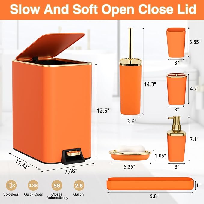 Bathroom Accessories 8 Piece Orange and Gold Bathroom Set, Bath Accessories - Image 5
