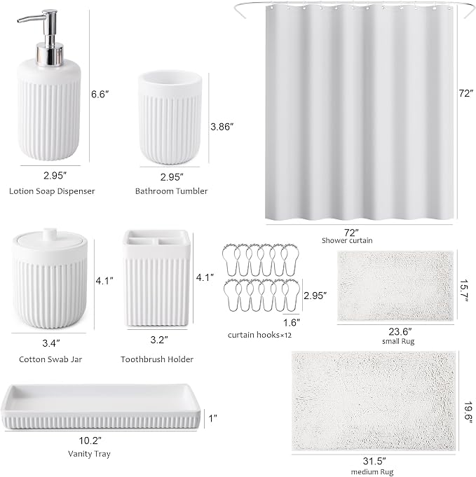 White Bathroom Sets with Shower Curtain and Rugs, 8-Piece Resin Bathroom - Image 7