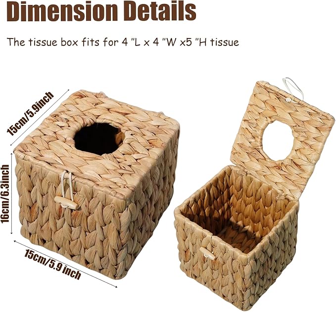 PINXIURY Tissue Box Cover Square Handwoven Rattan Tissue Box Holder, Natural - Image 2