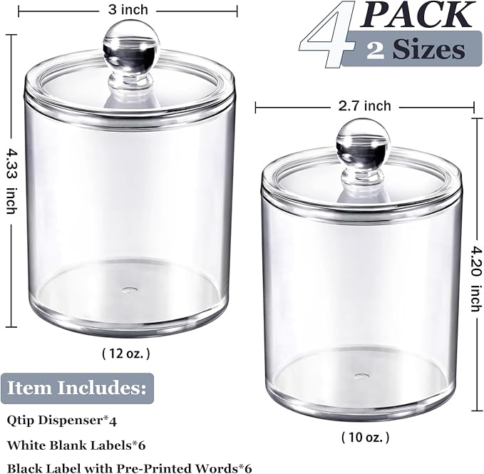 SheeChung 4-Pack Clear Acrylic Apothecary Jars - 10oz & 12oz Qtip Holder Set - - Image 3