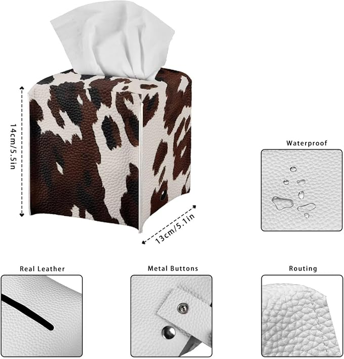 Cowhide Print Tissue Box Cover Modern Square Tissue Box Organizer Decorative PU - Image 7
