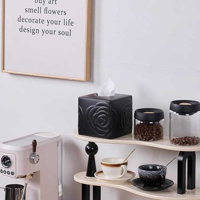 Black Ceramic Rose Tissue Box Cover, Carved Flowers Large Square Tissue Box - Image 8