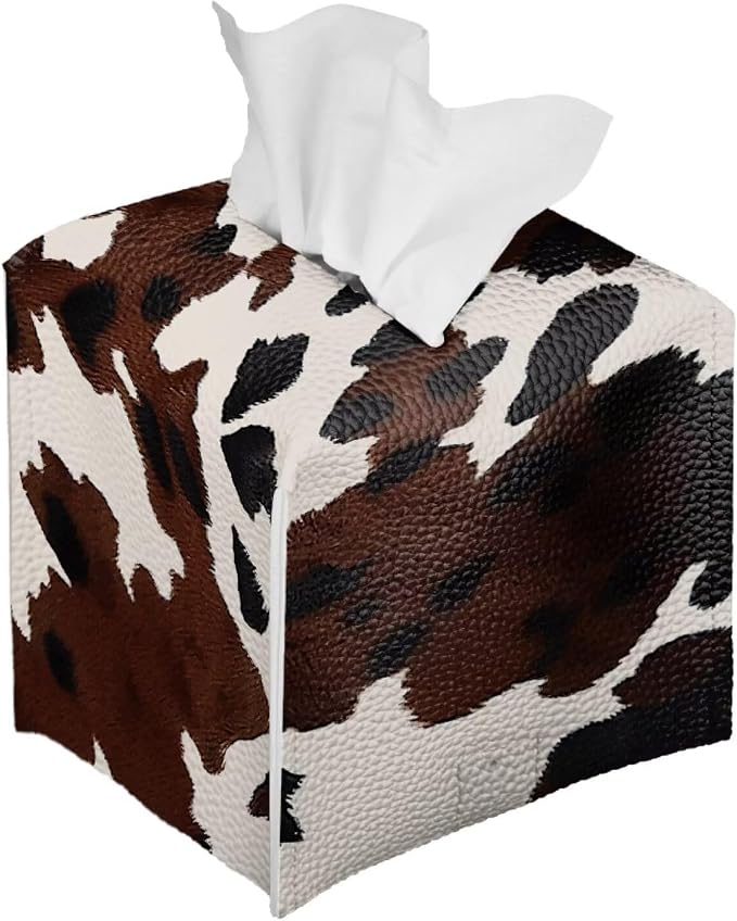 Cowhide Print Tissue Box Cover Modern Square Tissue Box Organizer Decorative PU - Image 2