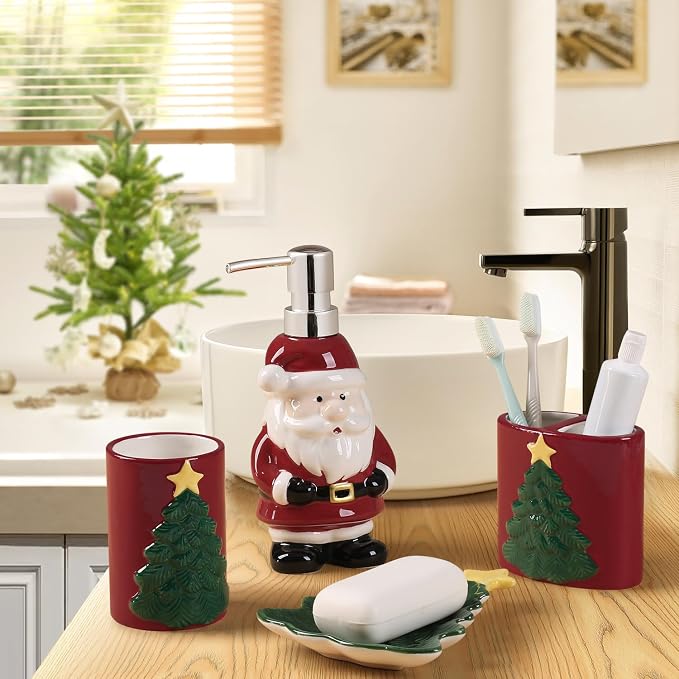 Merry Christmas Bathroom Accessories Set 4 Pieces Toothbrush Holder Soap - Image 3