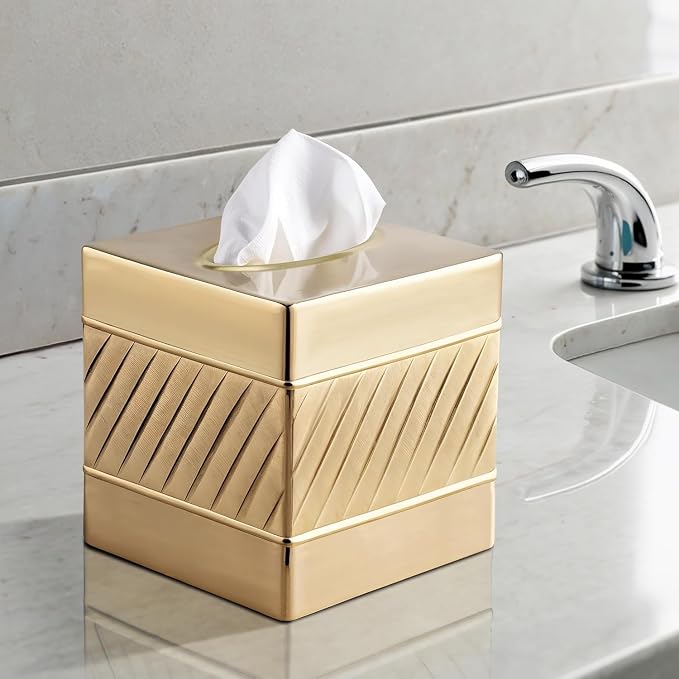 Monarch Abode Tissue Box Cover Square – Handcrafted Wave Embossed Brushed Gold - Image 7
