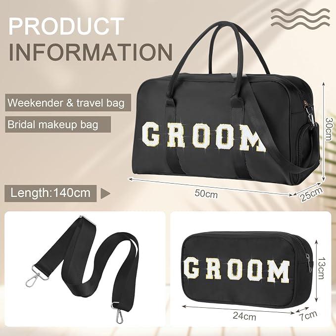2 Pcs Wedding Weekender Bag Bride Groom Duffle Bag Chenille Letter Patch Travel - Image 2