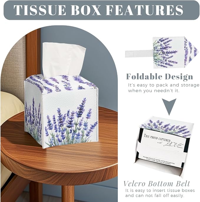 Butterfly Tissue Box Cover Purple Lavender Blossoms Garden Square PU Leather - Image 2