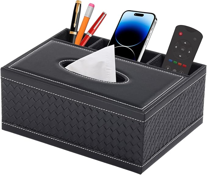Tissue Box Cover Rectangle Black Tissue Box Holder PU Leather Facial Tissue by XNONE