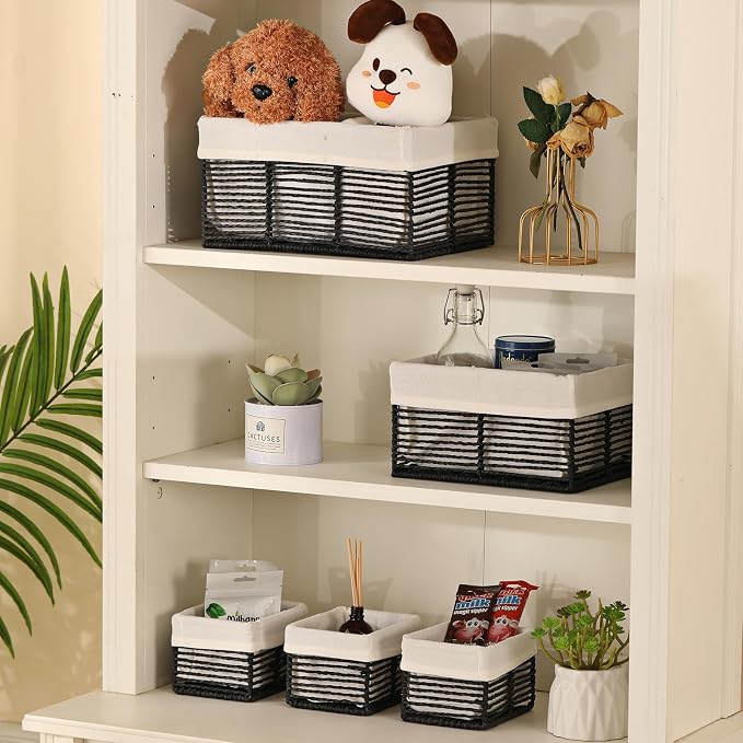 Vagusicc Wicker Storage Baskets, Hand-Woven Paper Rope Black Baskets - Image 5