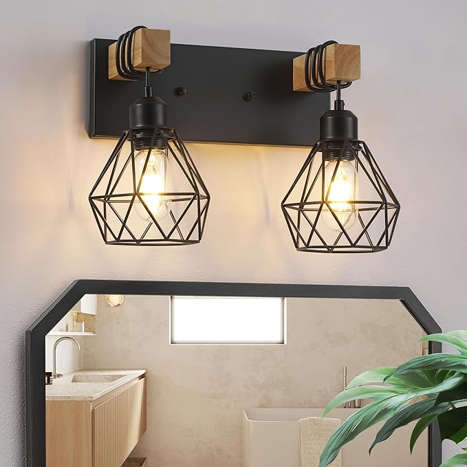 Farmhouse Bathroom Vanity Light Fixtures, 3-Light Wood Bathroom Light Fixtures by MAESTA