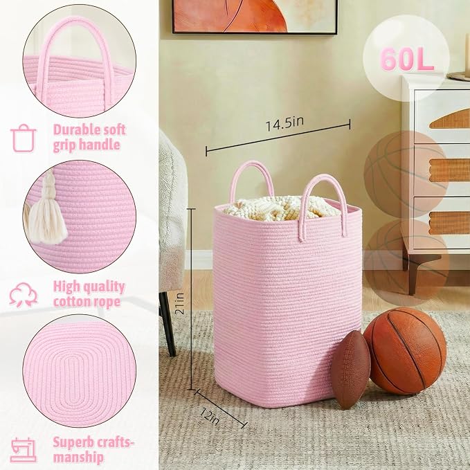 Laundry Basket, Woven Cotton Rope Laundry Hamper, 60L Versatile Storage - Image 2