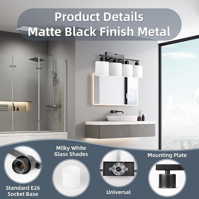 CANMEIJIA 4-Light Bathroom Vanity Light Fixtures, Matte Black Vanity Wall - Image 6