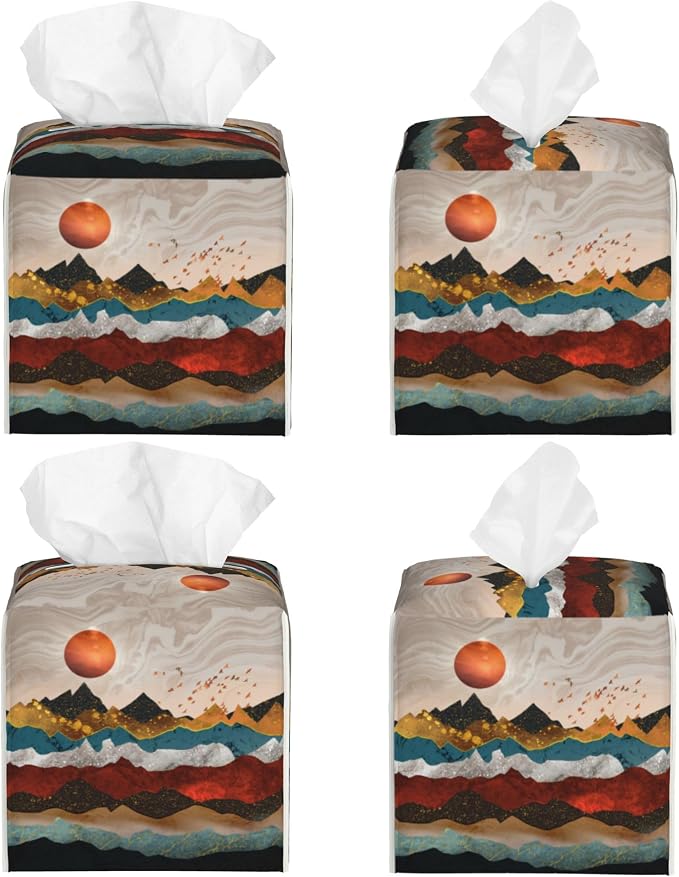 Gold Mountains and Red Sun Tissue Box Cover Square, Abstract Mountain Sunset - Image 2