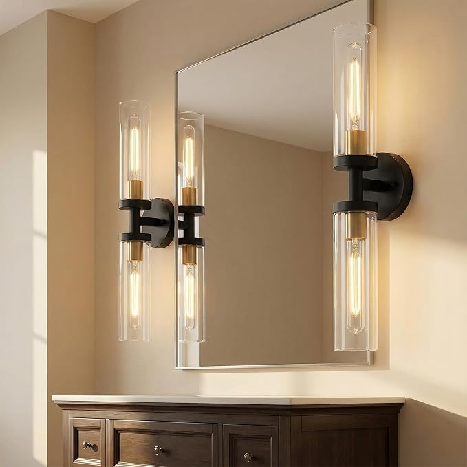 Black and Gold Wall Sconces Set of 2, Hardwired Bathroom Light Fixtures - Image 4