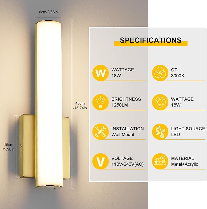 15.7 Inches Modern Bathroom Led Wall Sconces, 18W 3000K Hardwired Wall Light - Image 4