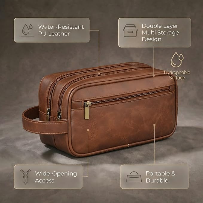 Men’s Toiletry Bag Travel Dopp Kit – double-deck PU Leather Water-Resistant - Image 2