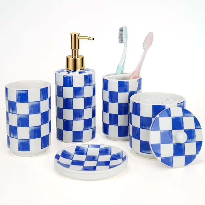Ceramic Bathroom Soap Dispenser Set, Checkered Bathroom Vanity Set by Quuavio