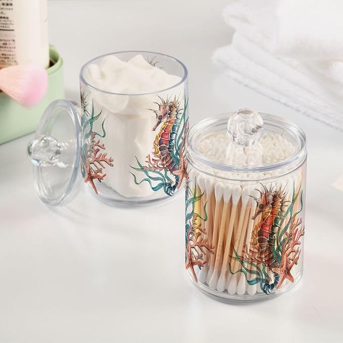2 Pack Qtip Holder Dispenser for Cotton Ball Seahorse Starfish Watercolor Ocean - Image 2