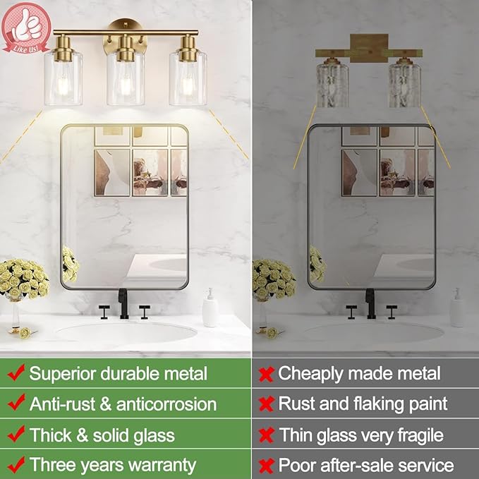 3-Light Bathroom Light Fixtures, Brushed Brass Bathroom Wall Lights - Image 3