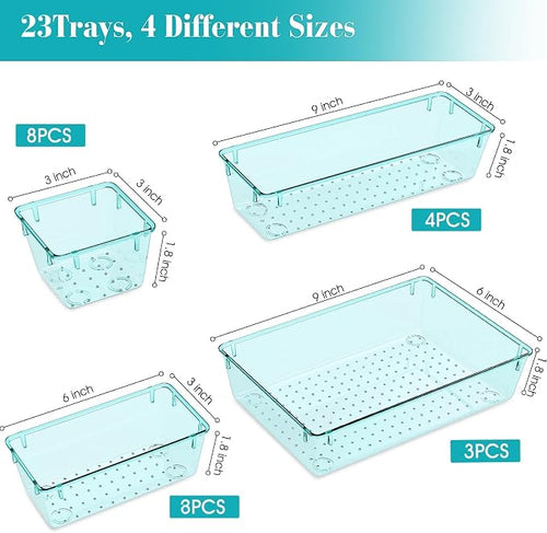 23 PCS Clear Plastic Drawer Organizers Set, 4 Size Desk Drawer Organizer Trays - Image 2
