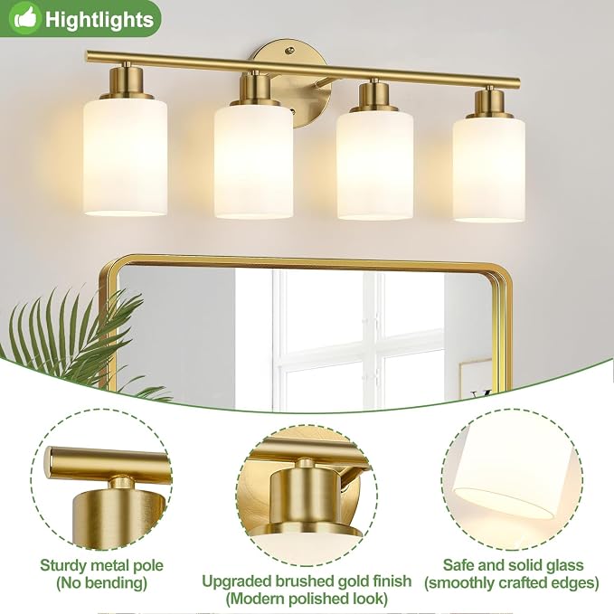 4-Light Bathroom Light Fixtures, Brushed Gold Modern Vanity Lights - Image 5