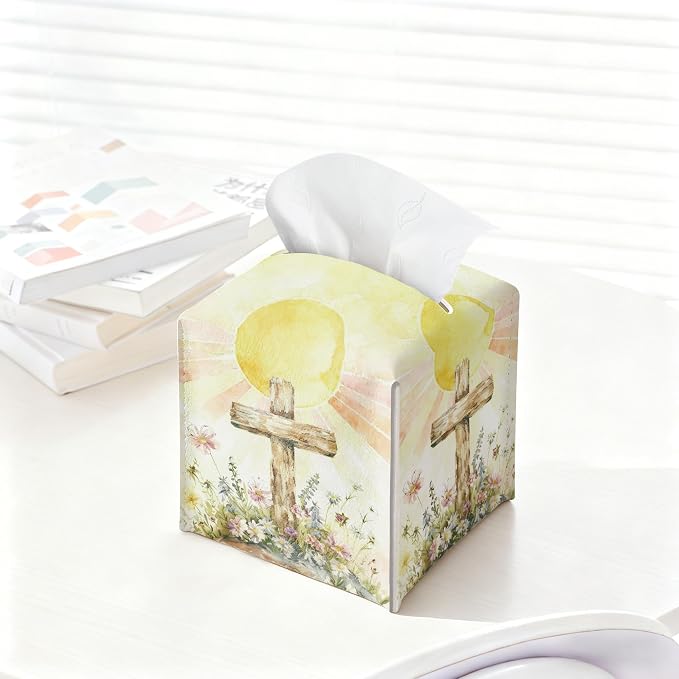 Cross and Wildflowers Tissue Box Cover Square, Religious Easter Waterproof - Image 4