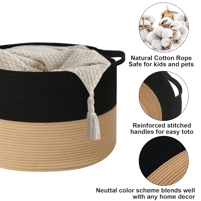 65L Large Blanket Basket, 19.7" L x 19.7" W x 13" H Rope Woven Baskets - Image 3