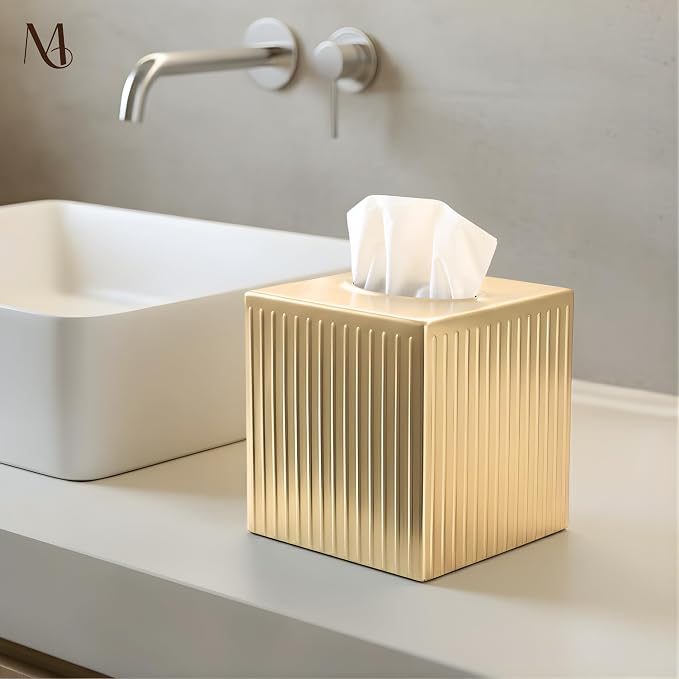Monarch Abode Tissue Box Cover Square – Handcrafted Ridge Embossed Brushed Gold - Image 3