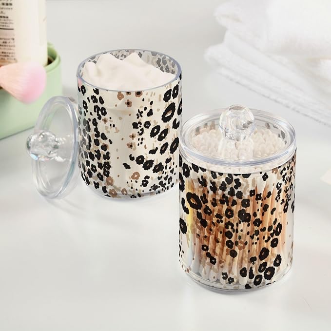 4 Pack Qtip Holder Dispenser Brown Floral Leopard Print Cotton Ball Cotton Swab - Image 2