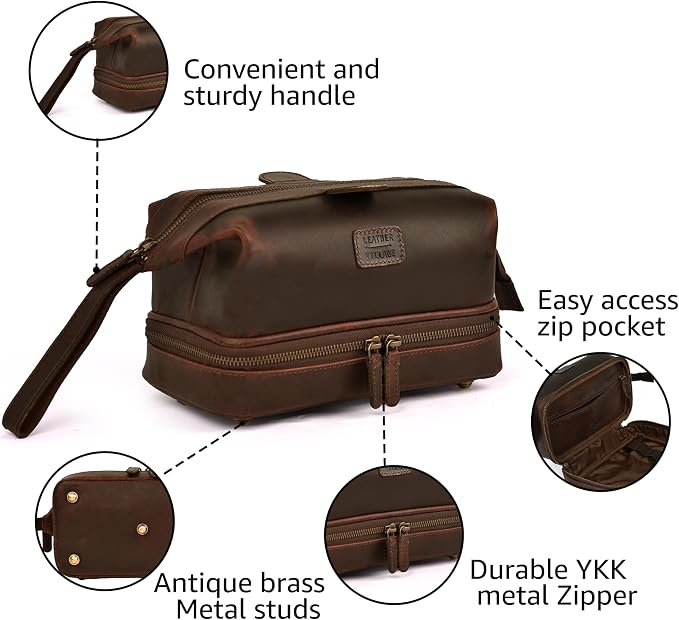 LEATHER VILLAGE Genuine Leather Dopp Kit – Large Travel Toiletry Bag - Image 3