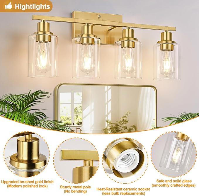 4-Light Vanity Lights with Clear Glass Shades, Brushed Gold Bathroom Light - Image 3