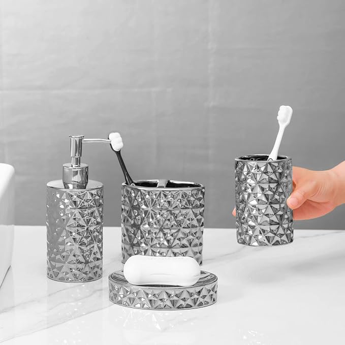Silver Bathroom Accessories Set, 4 Piece Ceramic Bath Accessory Sets Complete - Image 6