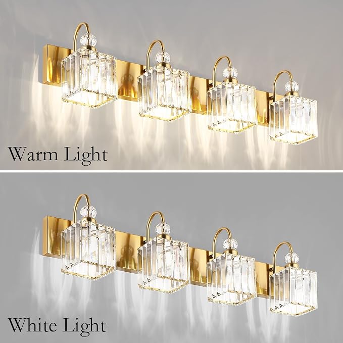 Ralbay Crystal Gold Bathroom Vanity Lights 4-Lights Vanity Lights Over Mirror - Image 3