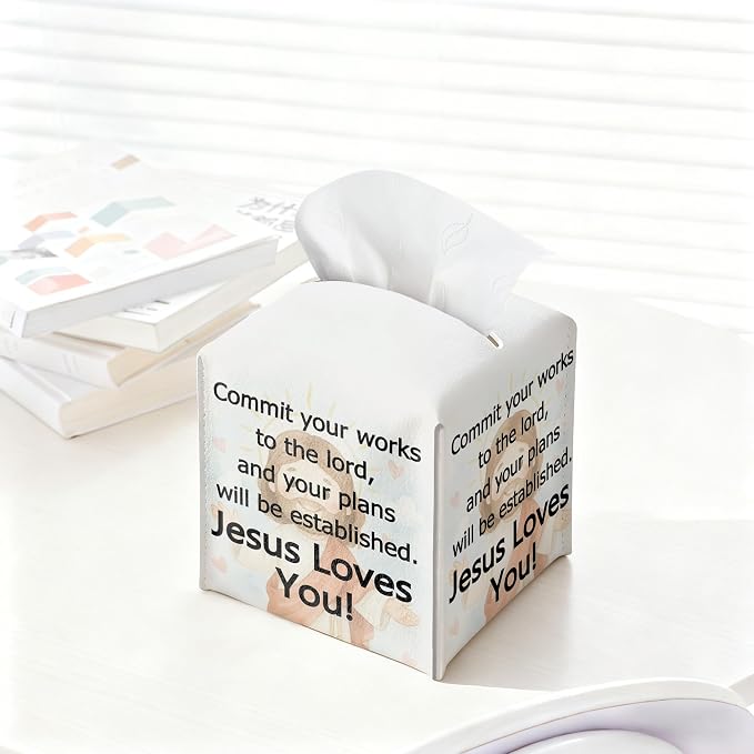 Christian Square Tissue Box Cover, PU Leather Drawstring Bottom - Image 4